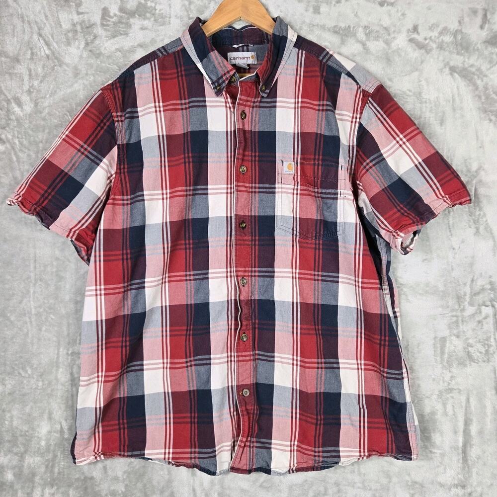 Carhartt Shirt SS Button Down Plaid Relaxed Fit Mens XL Regular Casual Red Blue